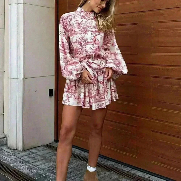 Red Boho Women's Elegant Random Print Long Sleeve Tie-Waist Loose Fit Midi Dress - Picture 4 of 7